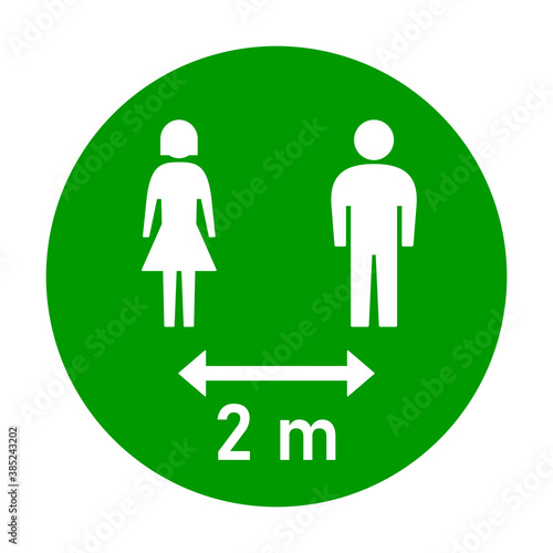 Keep Your Distance 2 m or 2 Metres Round Social Distancing Instruction Sticker Icon with Male and Female Figures. Vector Image.