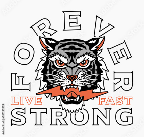 Grey Tiger with Lightning Illustration with A Slogan Artwork for Apparel or Other Uses