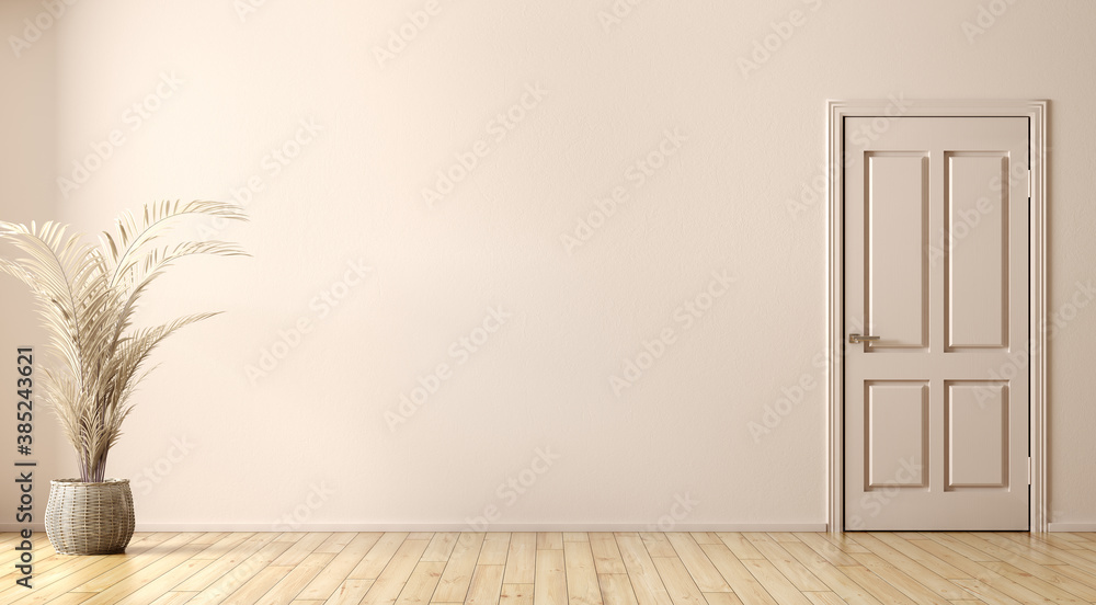 Interior background of room with vase with branch and door against beige wall 3d rendering - obrazy, fototapety, plakaty 