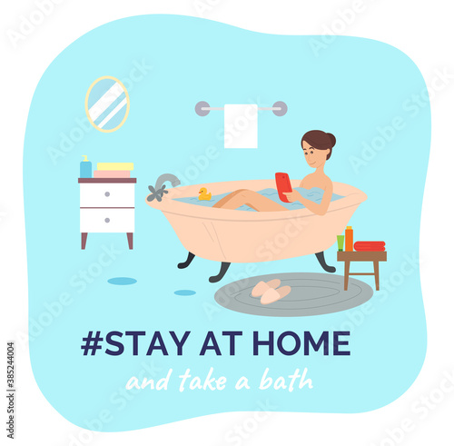 Young girl takes bath and surfs Internet using red smartphone. Relaxation in bathtube, staying at home, browsing web. Body hygiene, health. Domestic spa, relaxation. Flat color vector illustration.
