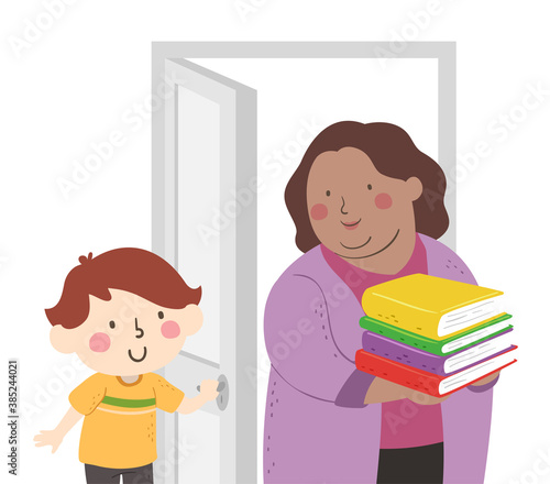 Kid Boy Hold Door Teacher Books Illustration