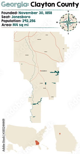 Large and detailed map of Clayton county in Georgia, USA.