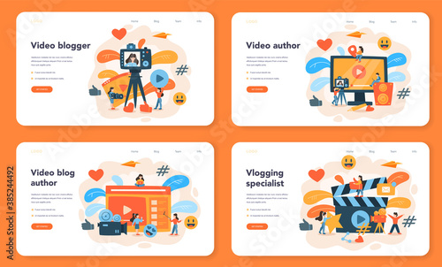 Video blogger web banner or landing page set. Share video content