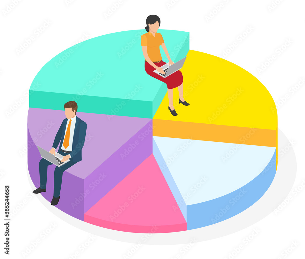 Cartoon giant layered colorful pie chart, businessman and businesswoman sitting with laptops on 3D round chart. Visual illustration of financial or investment indicators. Isometric 3D illustration