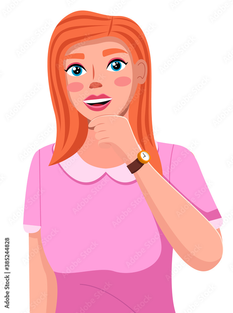 Portrait of a young woman with red long hair wearing pink dress. Cute smiling girl isolated on white background flat style. Pretty positive female character, student or businesswoman, beauty blogger Portrait of a young woman with red long hair wearing pink dress. Cute smiling girl isolated on white background flat style. Pretty positive female character, student or businesswoman, beauty blogger
