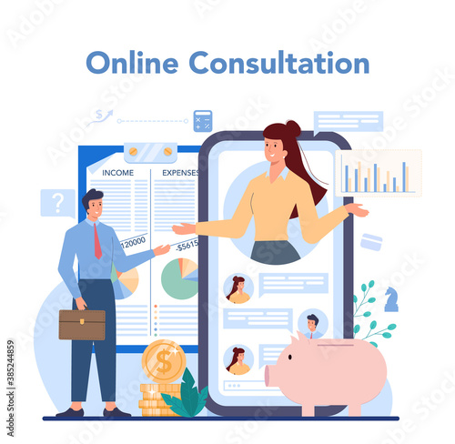 Financial advisor online service or platform. Business character