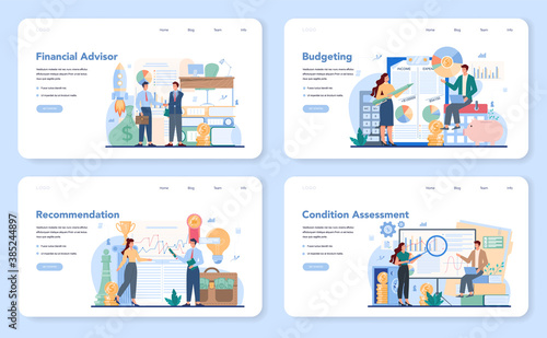 Financial advisor web banner or landing page set. Business character consulting