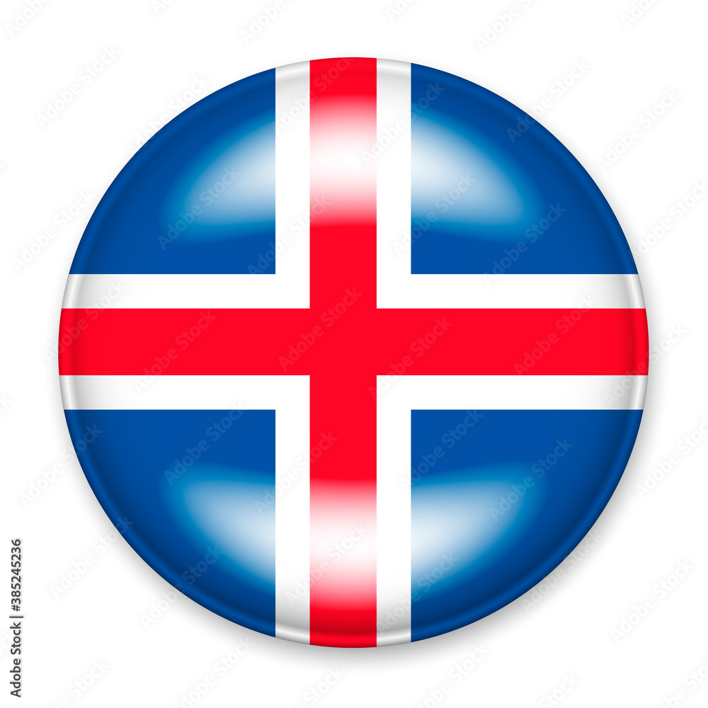 Fototapeta premium Flag of Iceland in the form of a round button with a light glare and a shadow.