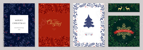 Merry Christmas and Happy Holidays cards with New Year tree, reindeers, snowflakes, floral frames and backgrounds design. Modern universal artistic templates. Vector illustration.