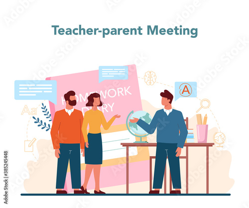 Teacher concept. Profesor planning curriculum, meeting parents.