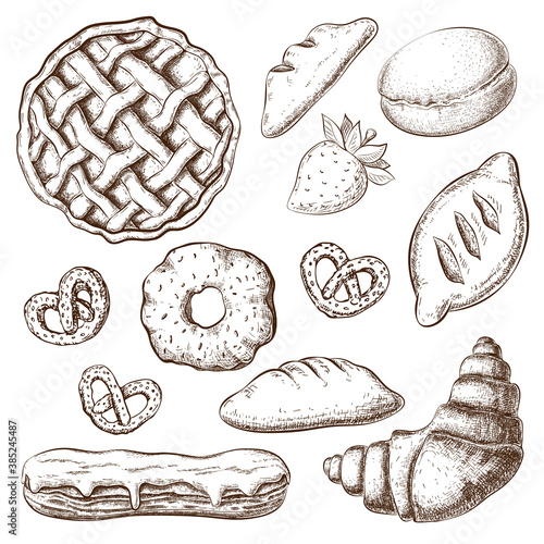 vector pastries sketch isolated on white. desserts graphics in vintage engraved style. cakes, croissant, eclair, buns, apple pie hand drawn set. bakery goods clipart for menu design, homemade pastry.