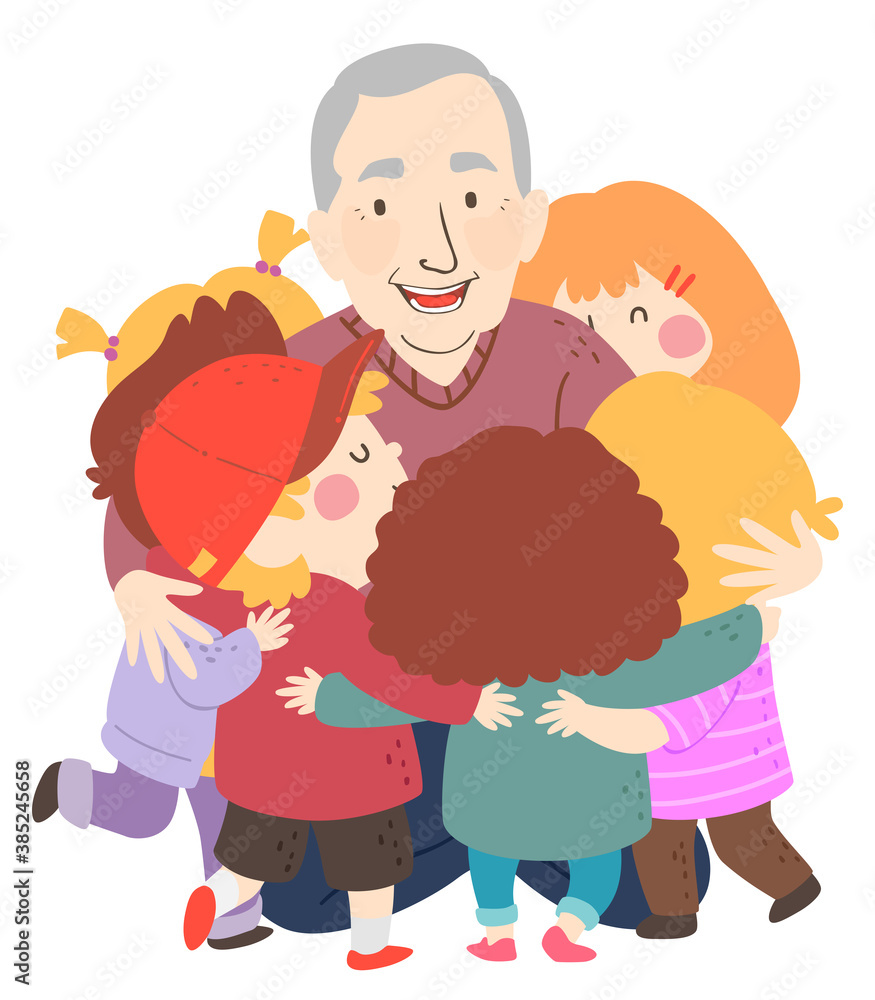 Kids Grandfather Hug Senior Man Illustration