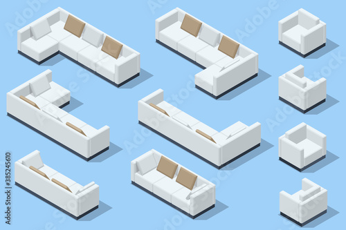 Isometric set of modern sofa. Modern couch with pillows isolated on background