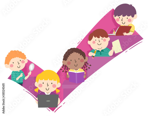 Kids Check Mark Study Laptop Books Illustration