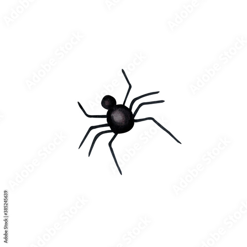 Black spider isolated on white background. Watercolor markers hand drawn illustration in cartoon realistic style. Concept of halloween, mystery, danger, arachnid, small animal insect, arachnophobia.