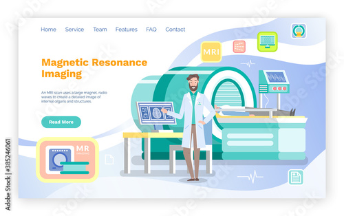 Landing Page Offer MRT Diagnosis. Radiologist invites patient to body brain scan of MRI machine. CT scan and diagnostics process in procedure room. MRI equipment. Magnetic Resonance Tomography