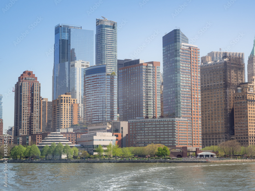 Shot of the skyline of New York City from the Hudson river, with skyscrapers of the downtown district and Wall Street