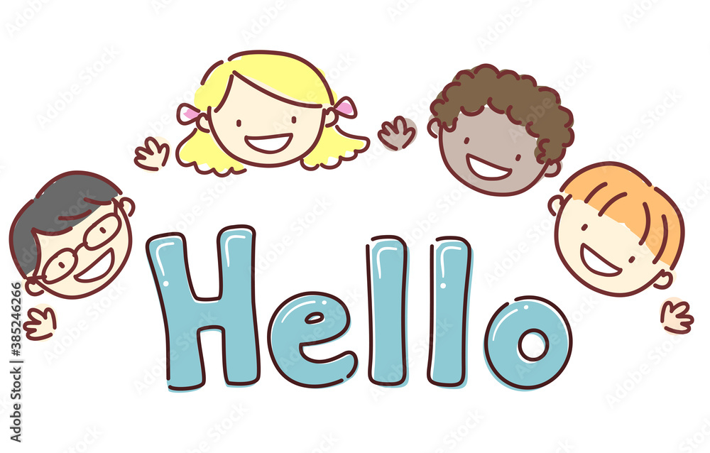 Stickman Kids Greet Hello Lettering Illustration Stickman Kids Greet Hello Lettering Illustration