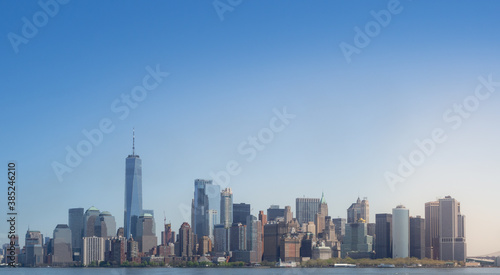 Shot of the skyline of New York City from the Hudson river, with skyscrapers of the downtown district and Wall Street