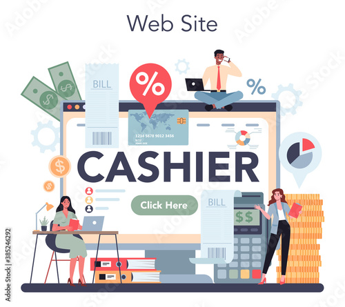 Cashier online service or platform. Worker behind the cashier
