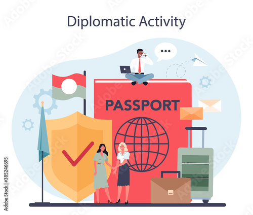 Diplomat profession set. Idea of international relations and government