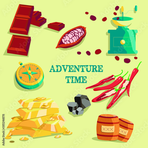 Sea exploration adventures. Geography lesson. Investigation.Products that were explored by Magellan. Coffee, chocolate, compass, pepper, powder, coal, gold. 