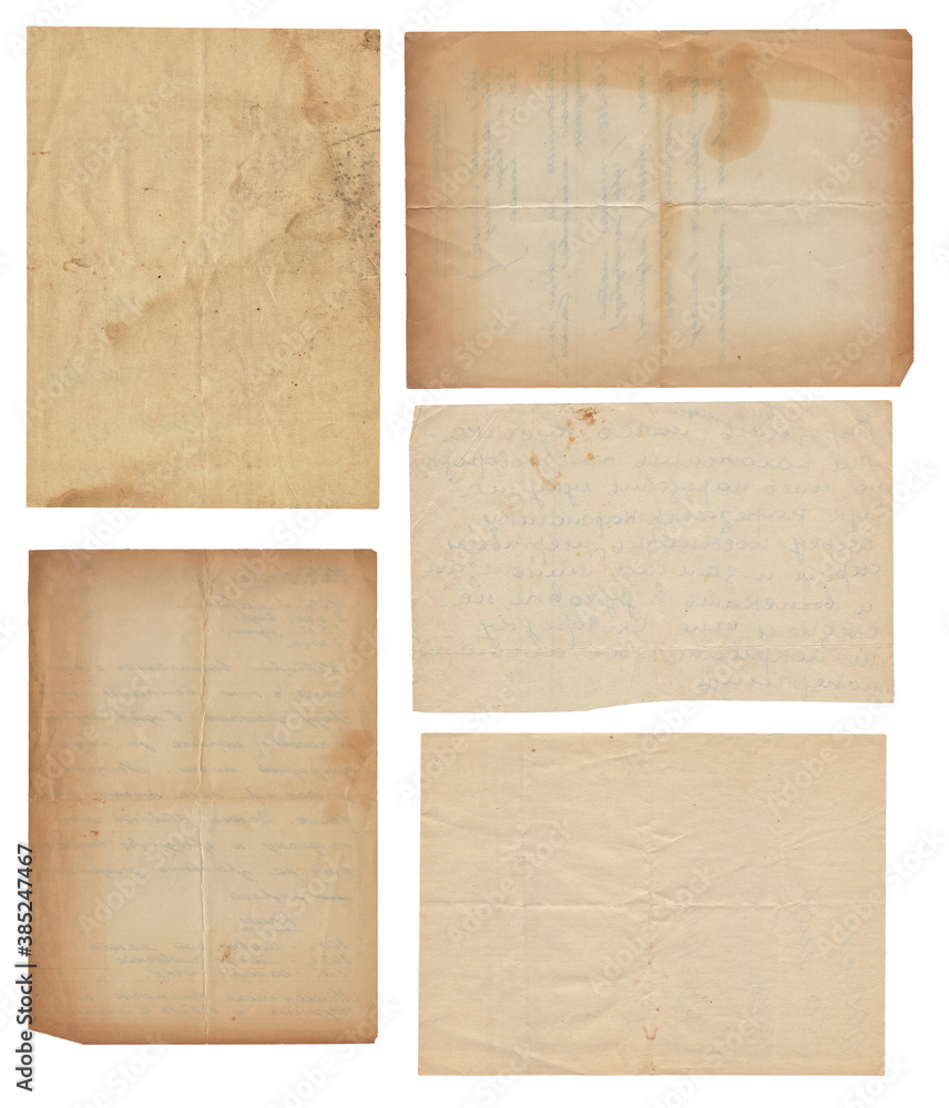 Set of Old vintage rough paper with scratches and stains texture isolated