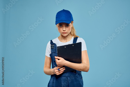 Woman in working form paperwork rendering services career office blue background