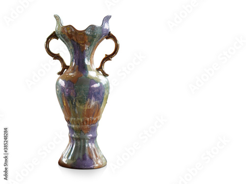 Di cut antique colorful ceramic vase on white background, object, vintage, copy space