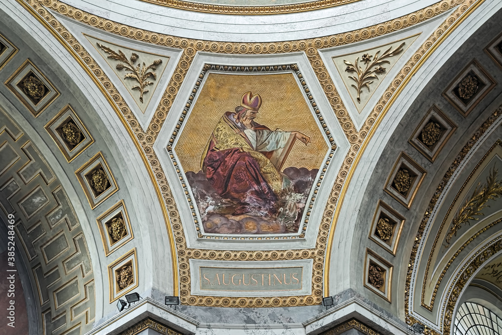 Esztergom, Hungary. Mosaic and fresco depicting Saint Augustine, one of the Four Great Doctors of the Western Church, in Esztergom Basilica.