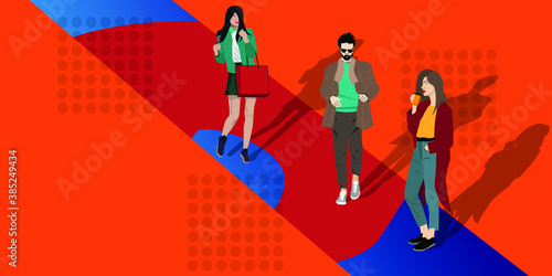 Vector illustration of young man and woman people walking on the street in trendy scenery flat style