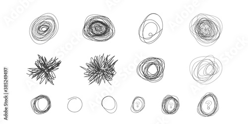  Insane messy line.Set of messy clew symbols connected between them line of symbols with scribbled round element,  Freehand drawing. Black and white  abstract scribbles, chaos doodles. Vector illustra