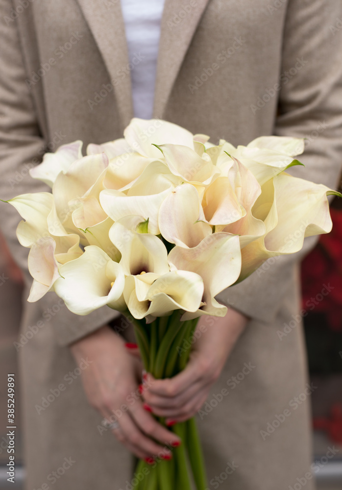 Many blooming white callas flowers. A bouquet of white callas lies. Beautiful bouquet of white tender callas.
Many blooming white callas flowers. A bouquet of white callas lies. Beautiful bouquet of white tender callas.