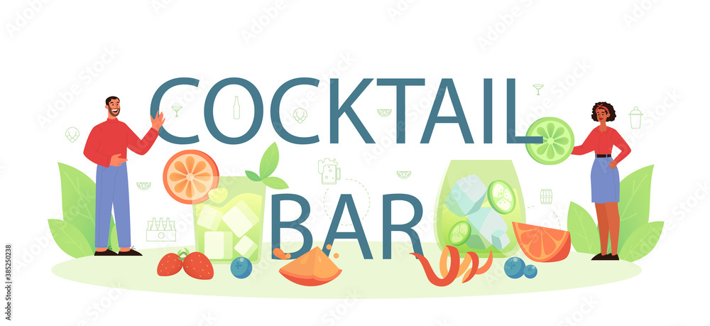 Cocktail bar typographic header. Barman preparing alcoholic drinks