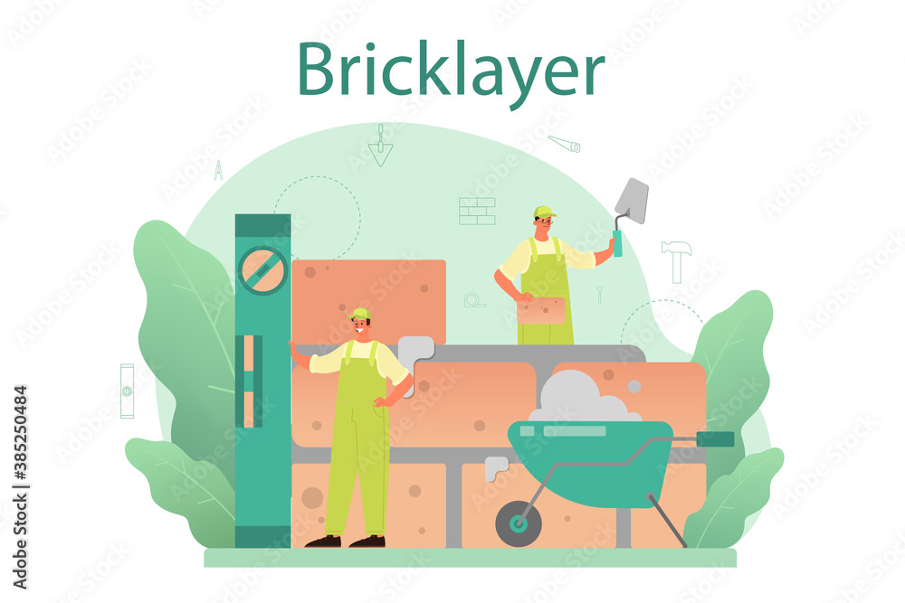 Bricklayer concept. Professional builder constructing a brick wall - obrazy, fototapety, plakaty 