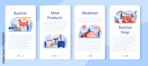 Butcher or meatman mobile application banner set. Fresh meat and meat