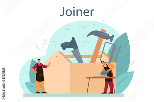 Jointer or carpenter concept. Builder wearing helmet and overalls