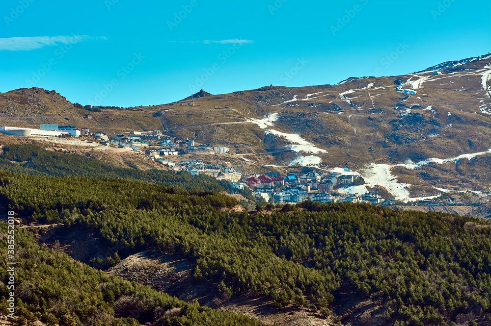 Ski resort, Sierra Nevada, beginning of the year with hardly any snow, open slopes, artificial snow, Granada, Andalusia, Spain