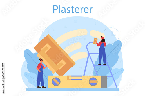 House wall plasterer concept. People in the uniform plastering