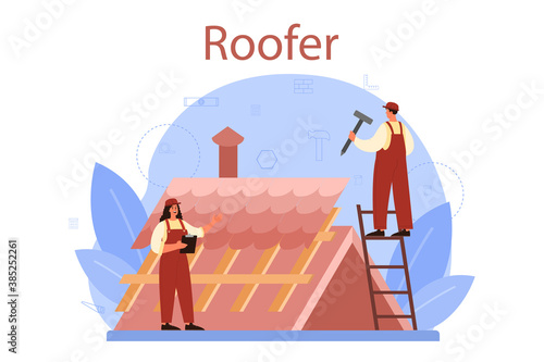 Roof construction worker. Building fixing and house renovation.