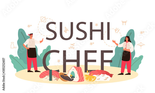 Sushi chef typographic header. Restaurant chef cooking rolls and sushi
