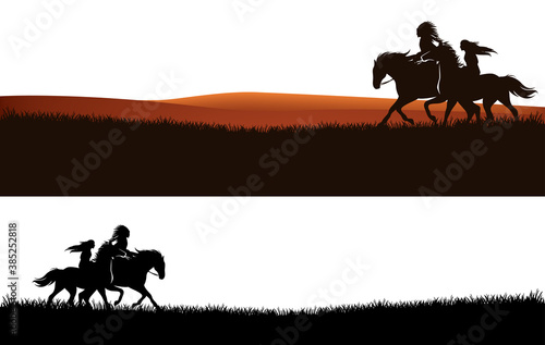native american chief and beautiful woman riding horses - wild west grass prairie vector silhouette design