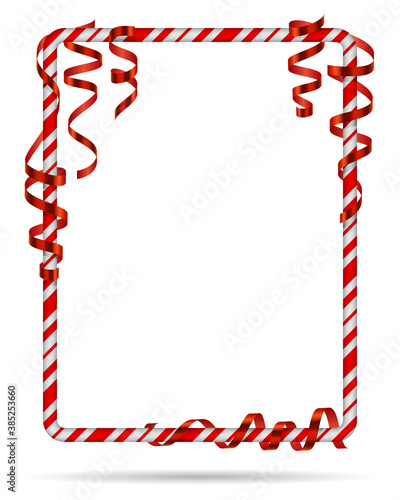 Blank Christmas border, candy cane frame with red serpentine, ribbon. Isolated on white background. Holiday design, decor. Vector illustration.