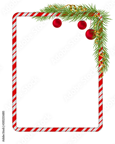 Blank Christmas border, candy cane frame with branch of christmas tree, fir, red balls, gold serpentine, ribbon. Isolated on white background. Holiday design, decor. Vector illustration.