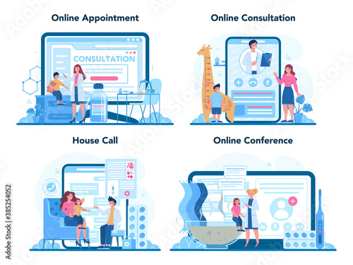 Pediatrician online service or platform set. Doctor examining a child