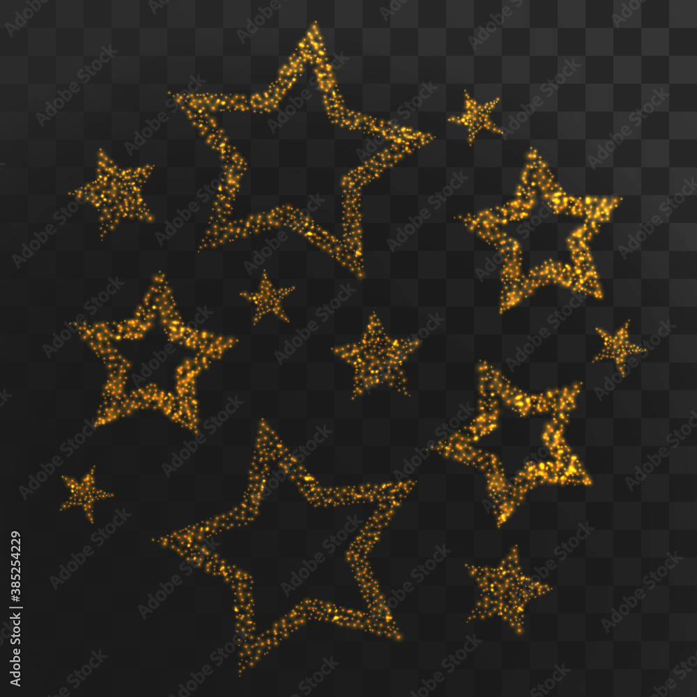 Vector golden frame. Shining stars banner. Isolated on black transparent background. Elements for banner, holiday design, logo, card, web, invitation, business, party. Vector illustration.