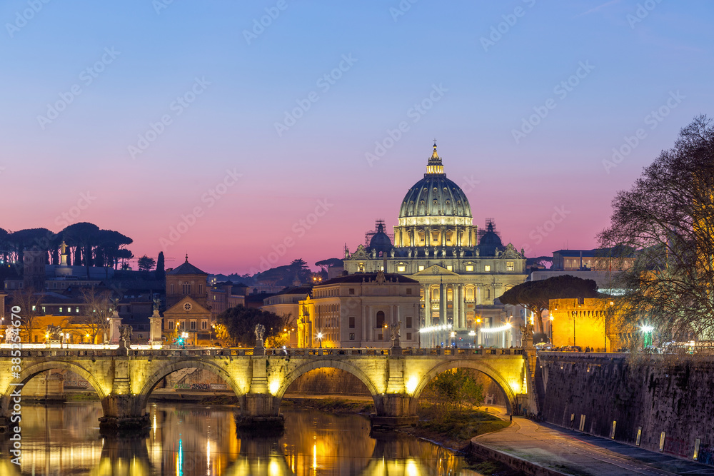Twilight over the Vatican City, St Peter Basilica Rome Italy