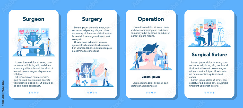 Surgeon mobile application banner set. Doctor performing medical operations