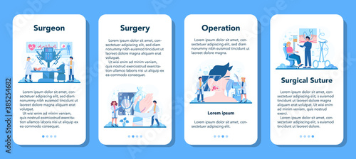 Surgeon mobile application banner set. Doctor performing medical operations