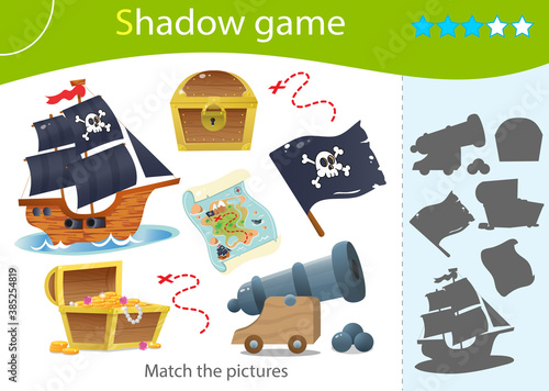 Shadow Game for kids. Match the right shadow. Color images of pirates ship, cannon, black flag with skull, treasure map and chest with gold. Worksheet vector design for children.